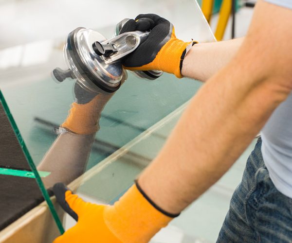 Un professionnel tient une vitre neuve